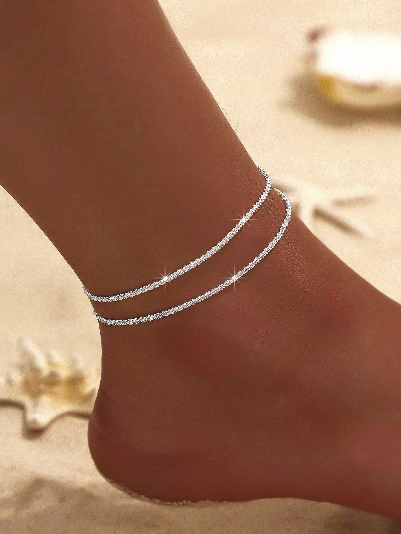 1Pc Simple Charm Bulingbuling Chain Silver Anklet Women'S Travel Holiday Jewelry Suitable for Couples to Wear
