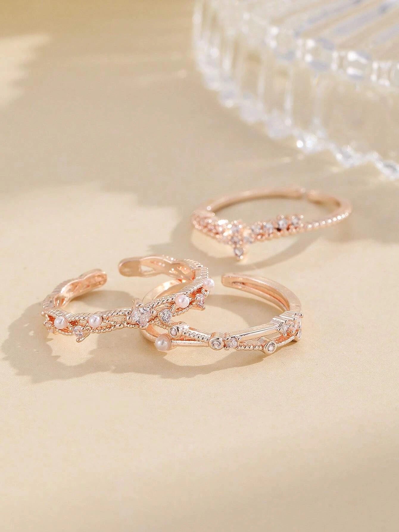 3Pcs Faux Pearl & Rhinestone Decor Cuff Ring