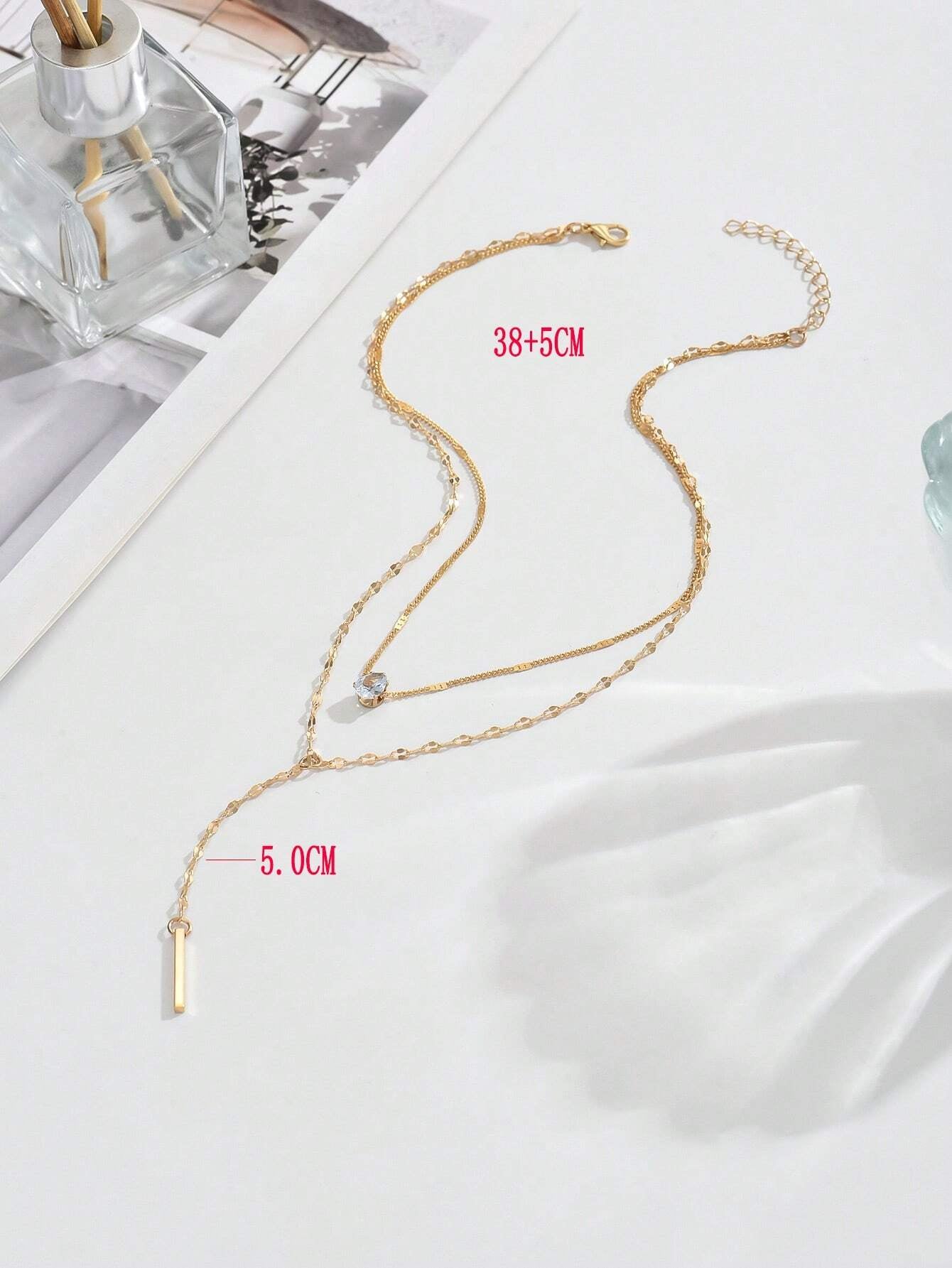 1Pc Gold Y-Shaped Design Layered Necklace, Details Decorated with Rhinestones & Faux Pearl, Suitable for Daily Wear by Women, Friendship Gifts, Banquet Parties(Handmade Chain Cut to Size, Variable Number of Pearls, Variable Size of Rhinestones)