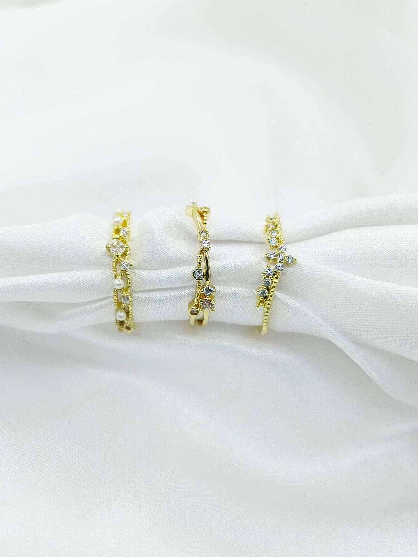 3Pcs Faux Pearl & Rhinestone Decor Cuff Ring