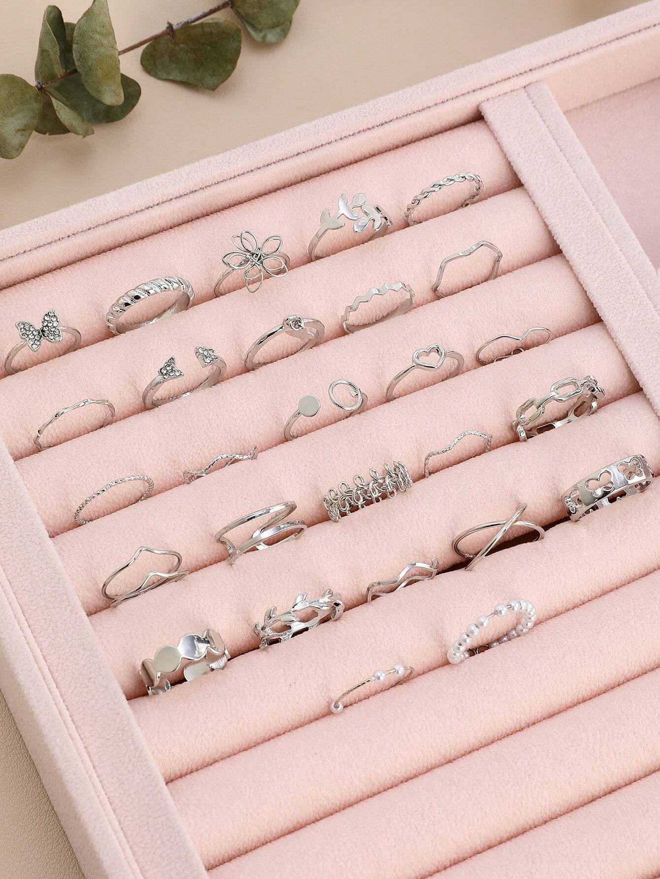 21Pcs Luxury Rhinestone & Faux Pearl Heart, Butterfly Design Ring Set, Suitable for Daily Wear Valentines