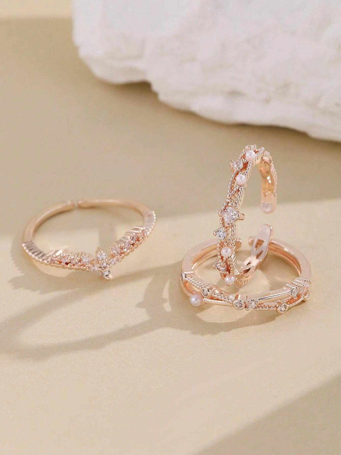 3Pcs Faux Pearl & Rhinestone Decor Cuff Ring