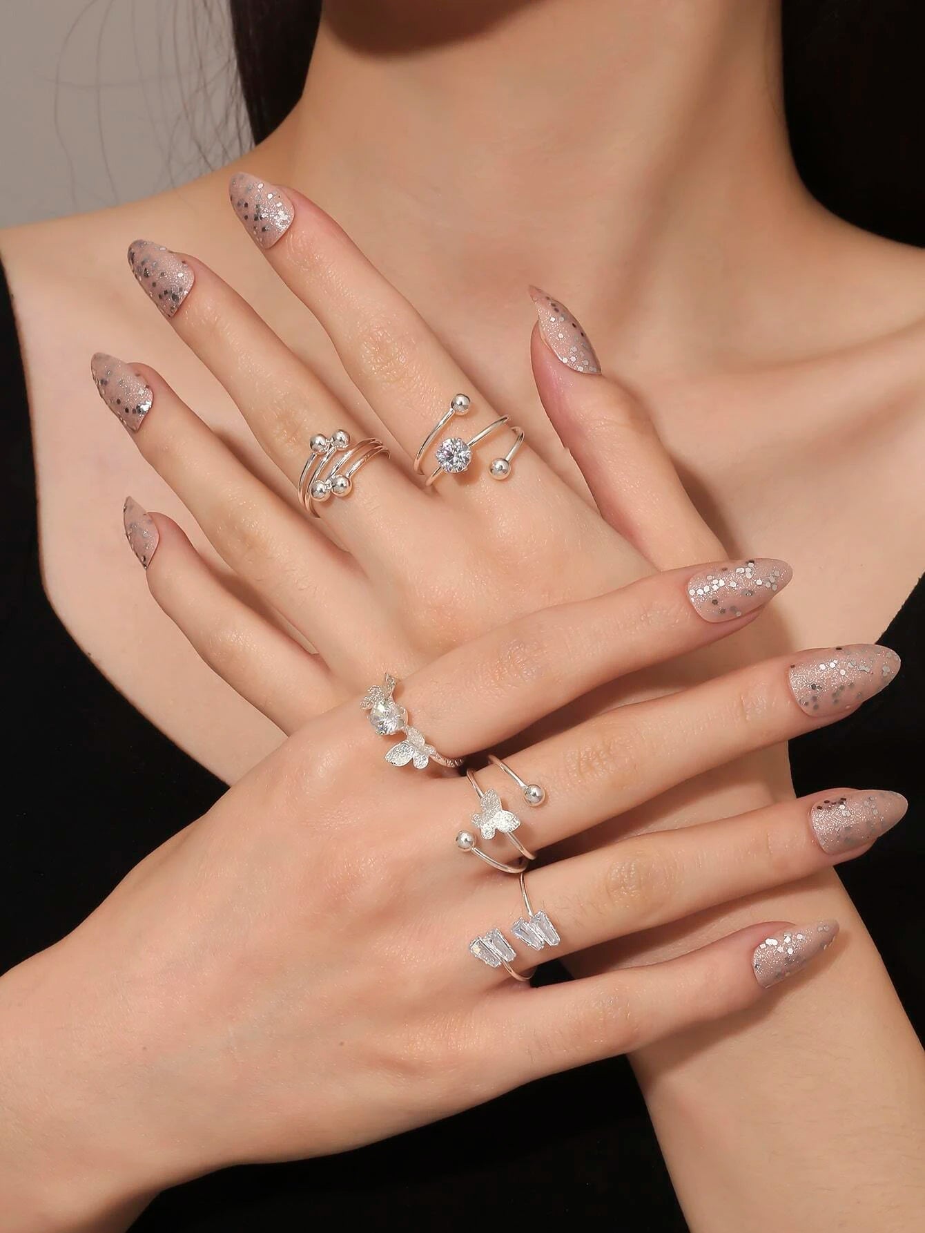5Pcs/Set Fashionable Zinc Alloy Cubic Zirconia & Butterfly Decor Cuff Ring for Women for Party Decoration