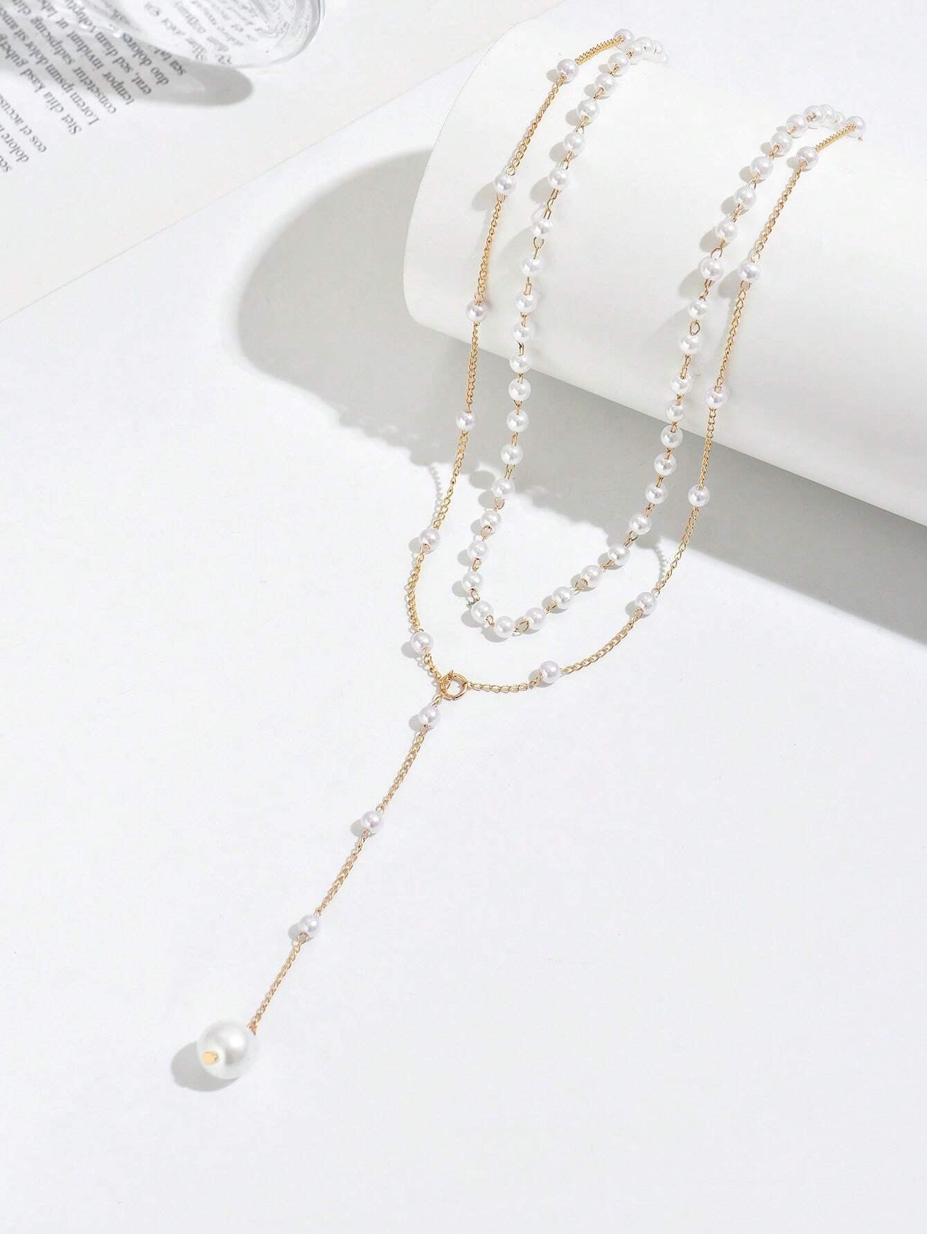 1Pc Gold Y-Shaped Design Layered Necklace, Details Decorated with Rhinestones & Faux Pearl, Suitable for Daily Wear by Women, Friendship Gifts, Banquet Parties(Handmade Chain Cut to Size, Variable Number of Pearls, Variable Size of Rhinestones)