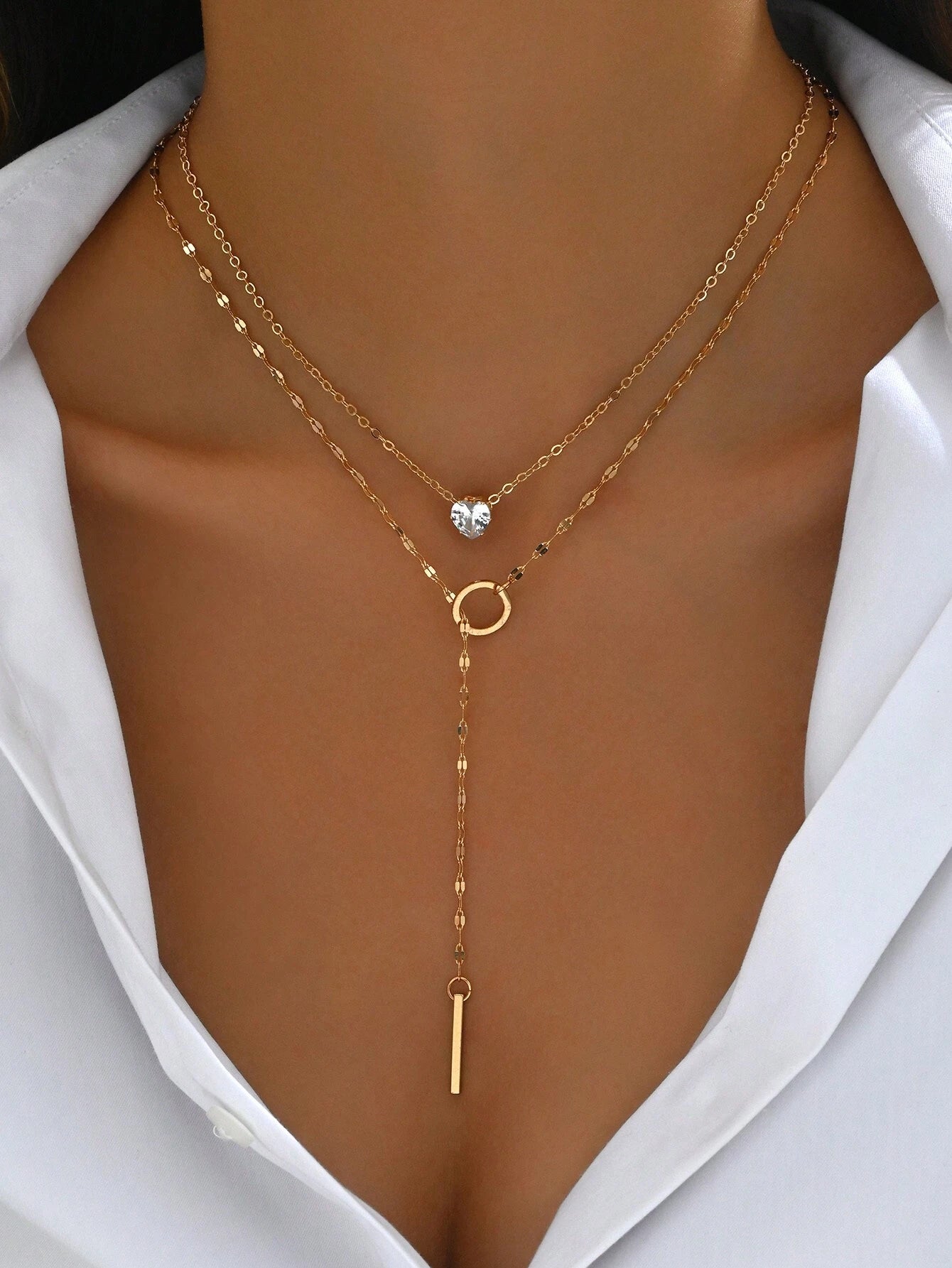 1Pc Gold Y-Shaped Design Layered Necklace, Details Decorated with Rhinestones & Faux Pearl, Suitable for Daily Wear by Women, Friendship Gifts, Banquet Parties(Handmade Chain Cut to Size, Variable Number of Pearls, Variable Size of Rhinestones)