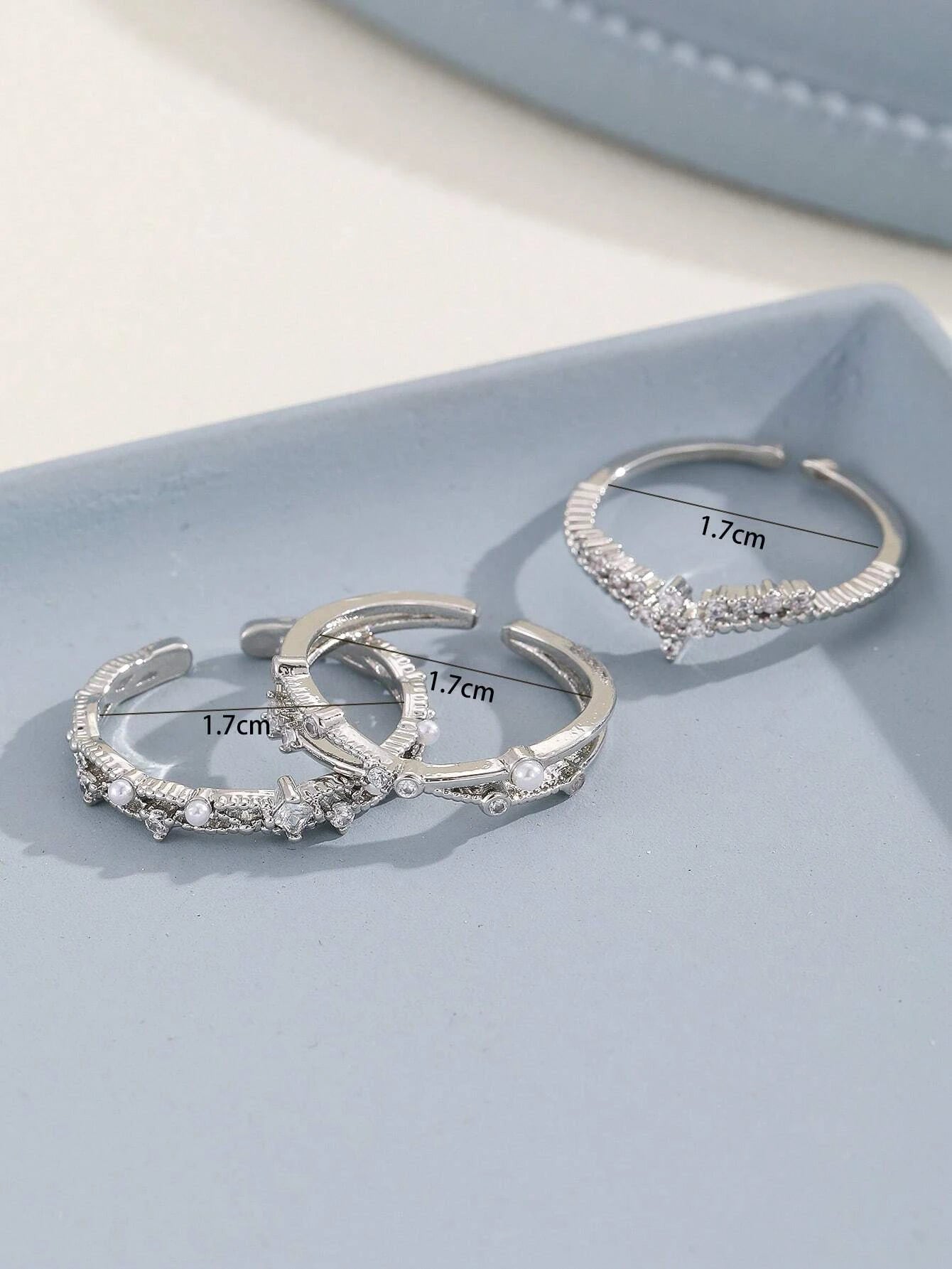 3Pcs Faux Pearl & Rhinestone Decor Cuff Ring