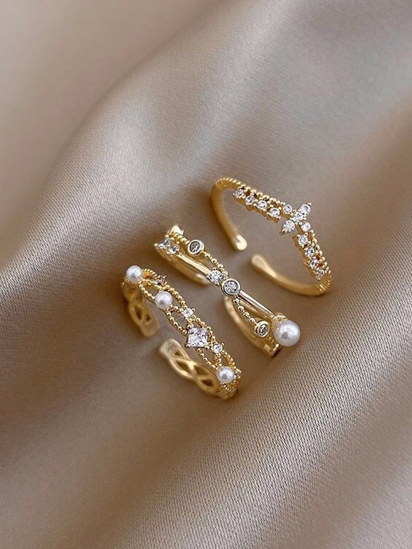 3Pcs Faux Pearl & Rhinestone Decor Cuff Ring
