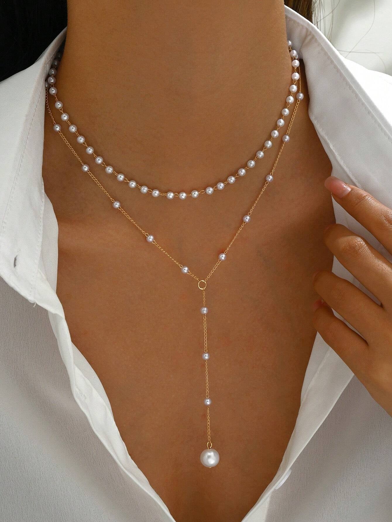 1Pc Gold Y-Shaped Design Layered Necklace, Details Decorated with Rhinestones & Faux Pearl, Suitable for Daily Wear by Women, Friendship Gifts, Banquet Parties(Handmade Chain Cut to Size, Variable Number of Pearls, Variable Size of Rhinestones)
