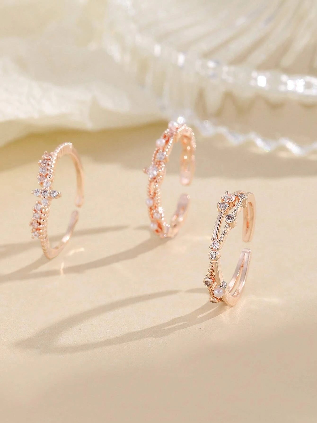 3Pcs Faux Pearl & Rhinestone Decor Cuff Ring