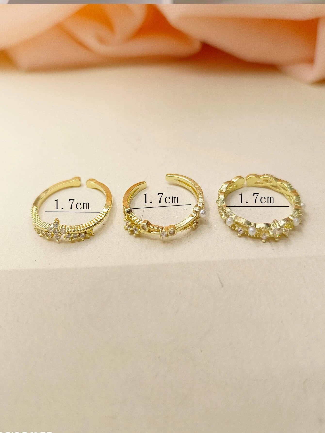 3Pcs Faux Pearl & Rhinestone Decor Cuff Ring