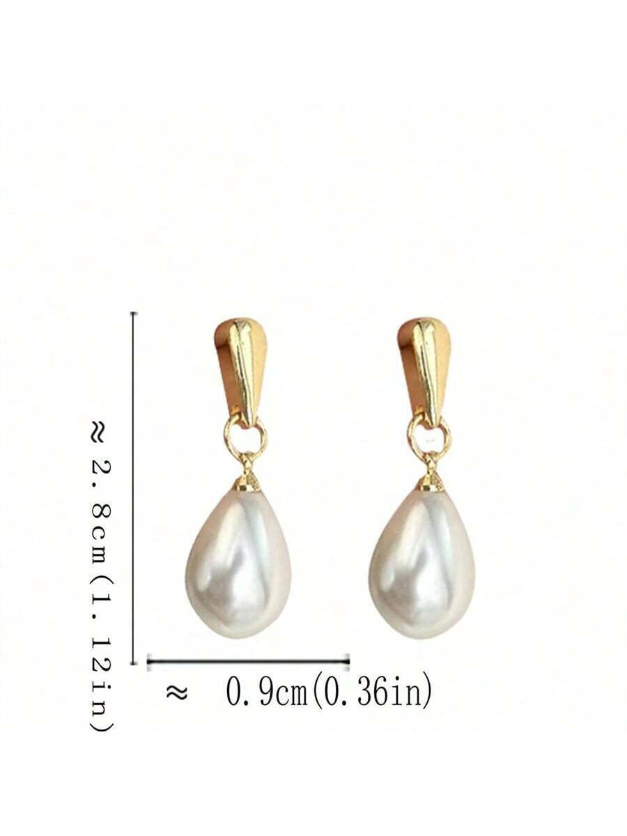 1Pair Elegant Water Drop Shaped Pearl Stud Earrings, Simple, Vintage Design