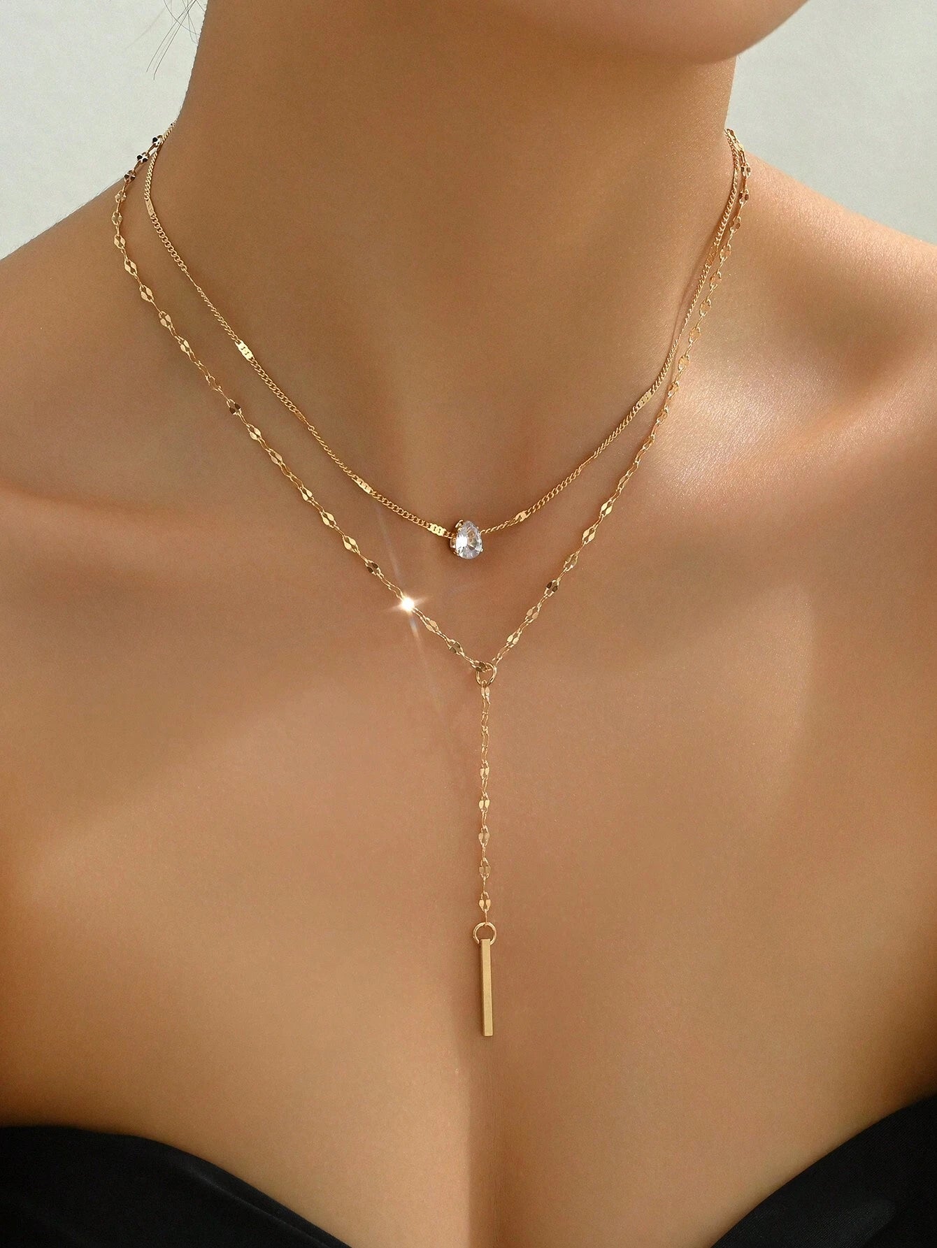 1Pc Gold Y-Shaped Design Layered Necklace, Details Decorated with Rhinestones & Faux Pearl, Suitable for Daily Wear by Women, Friendship Gifts, Banquet Parties(Handmade Chain Cut to Size, Variable Number of Pearls, Variable Size of Rhinestones)