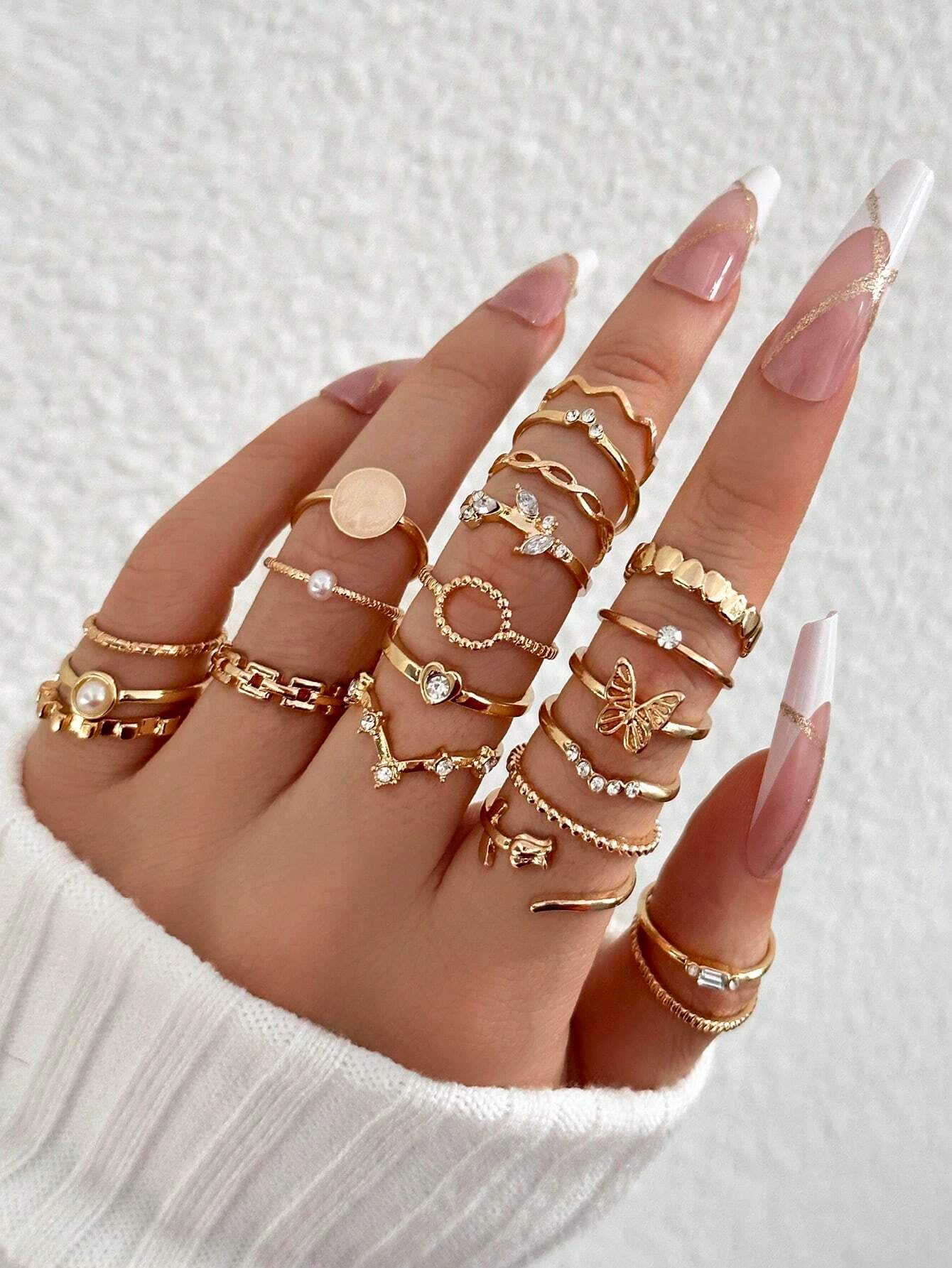 21Pcs Luxury Rhinestone & Faux Pearl Heart, Butterfly Design Ring Set, Suitable for Daily Wear Valentines