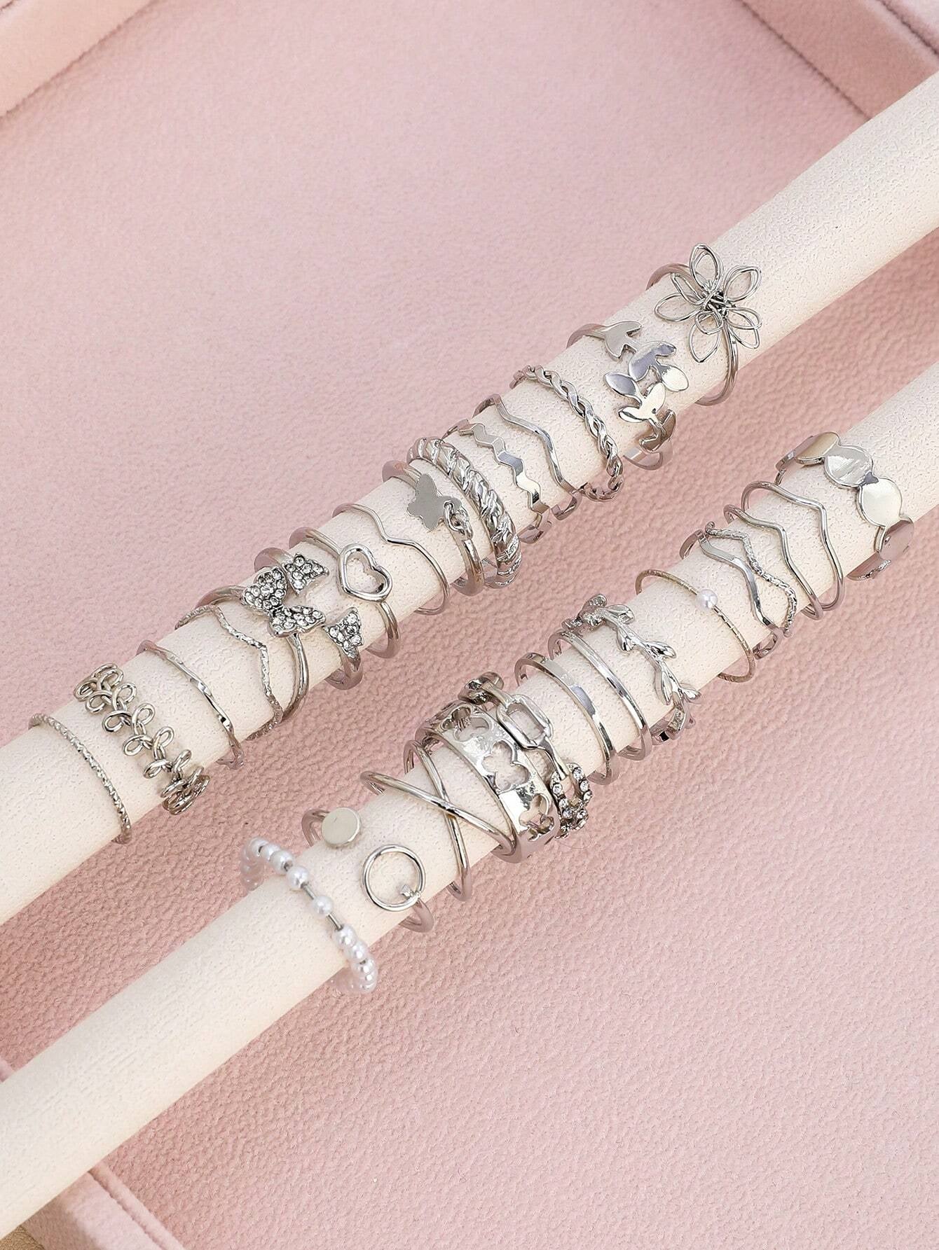 21Pcs Luxury Rhinestone & Faux Pearl Heart, Butterfly Design Ring Set, Suitable for Daily Wear Valentines