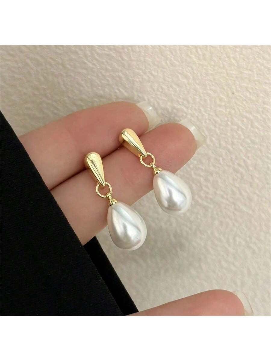 1Pair Elegant Water Drop Shaped Pearl Stud Earrings, Simple, Vintage Design