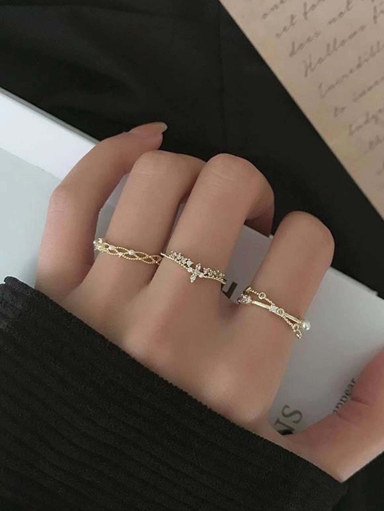 3Pcs Faux Pearl & Rhinestone Decor Cuff Ring