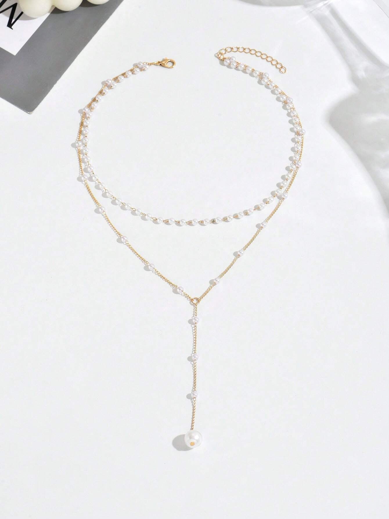 1Pc Gold Y-Shaped Design Layered Necklace, Details Decorated with Rhinestones & Faux Pearl, Suitable for Daily Wear by Women, Friendship Gifts, Banquet Parties(Handmade Chain Cut to Size, Variable Number of Pearls, Variable Size of Rhinestones)