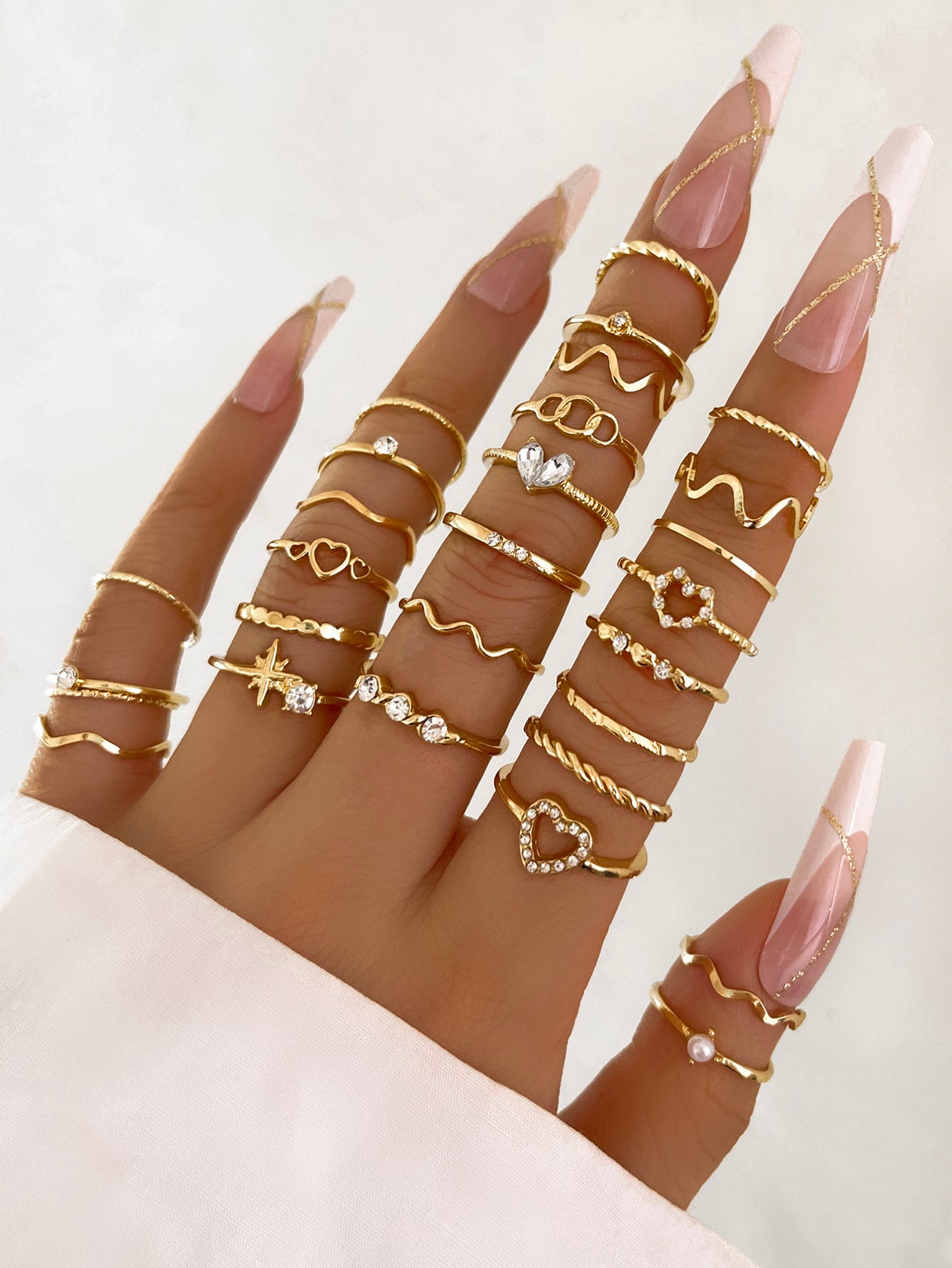 21Pcs Luxury Rhinestone & Faux Pearl Heart, Butterfly Design Ring Set, Suitable for Daily Wear Valentines