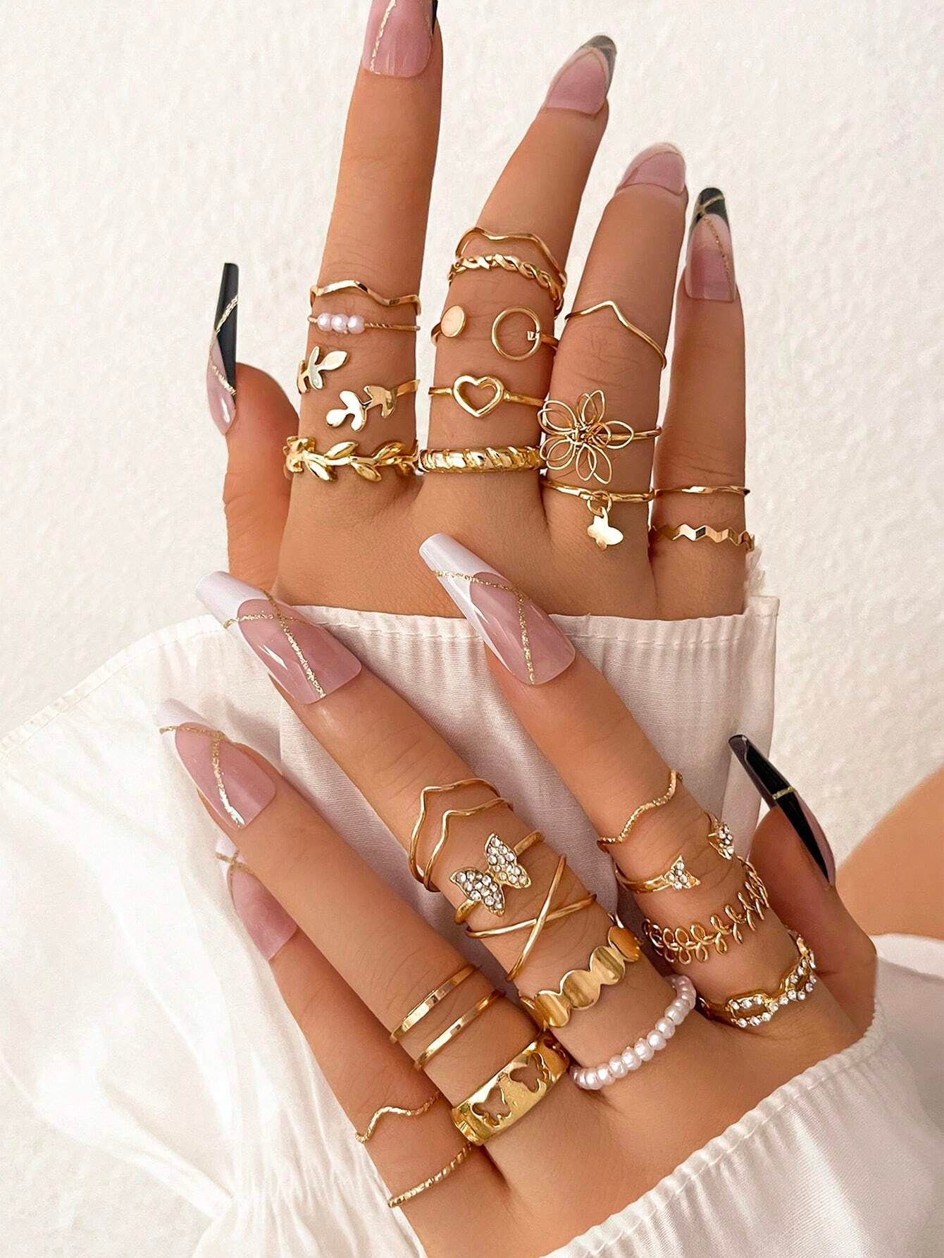 21Pcs Luxury Rhinestone & Faux Pearl Heart, Butterfly Design Ring Set, Suitable for Daily Wear Valentines