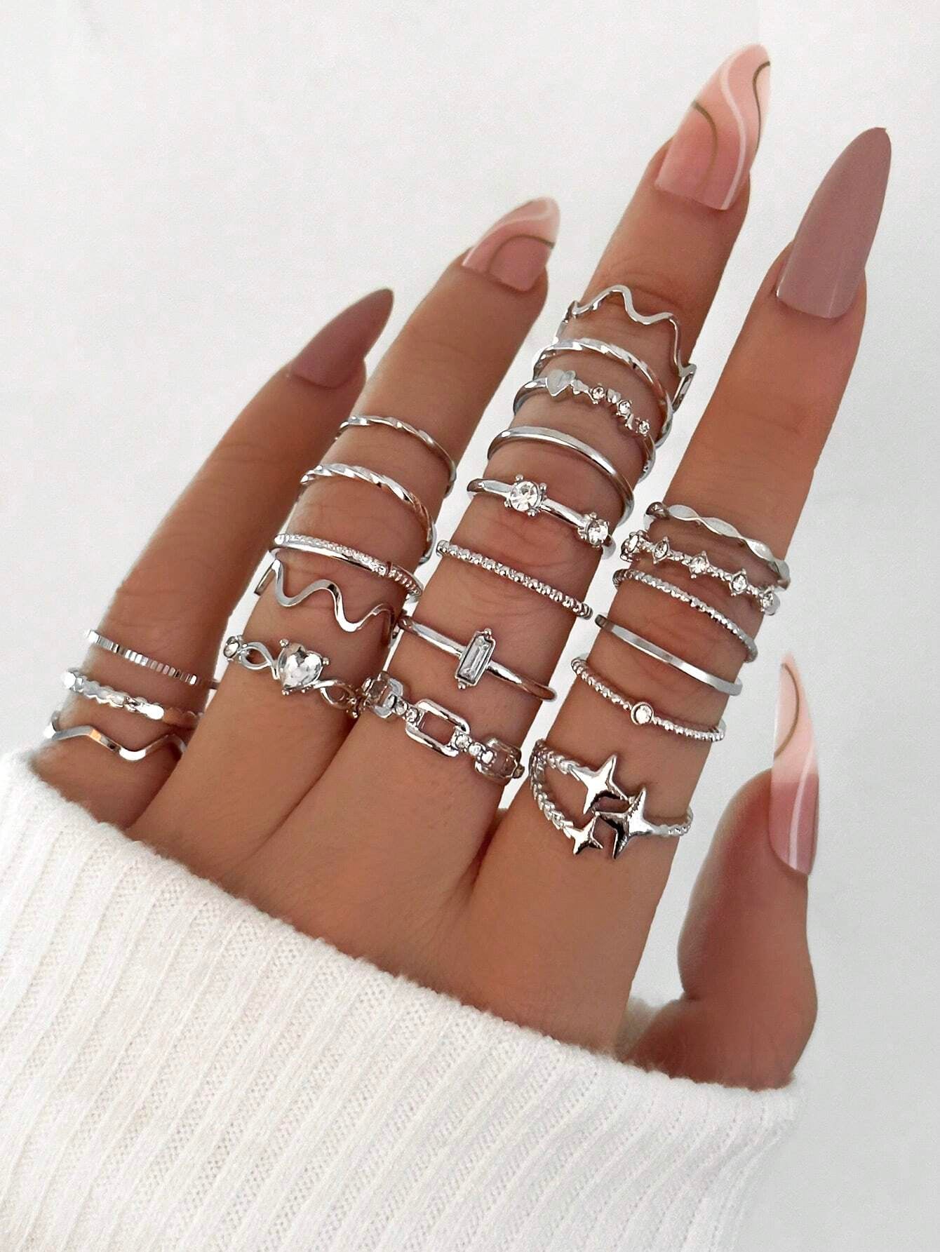 21Pcs Luxury Rhinestone & Faux Pearl Heart, Butterfly Design Ring Set, Suitable for Daily Wear Valentines