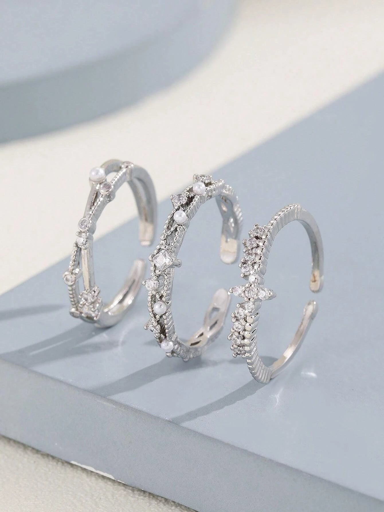 3Pcs Faux Pearl & Rhinestone Decor Cuff Ring