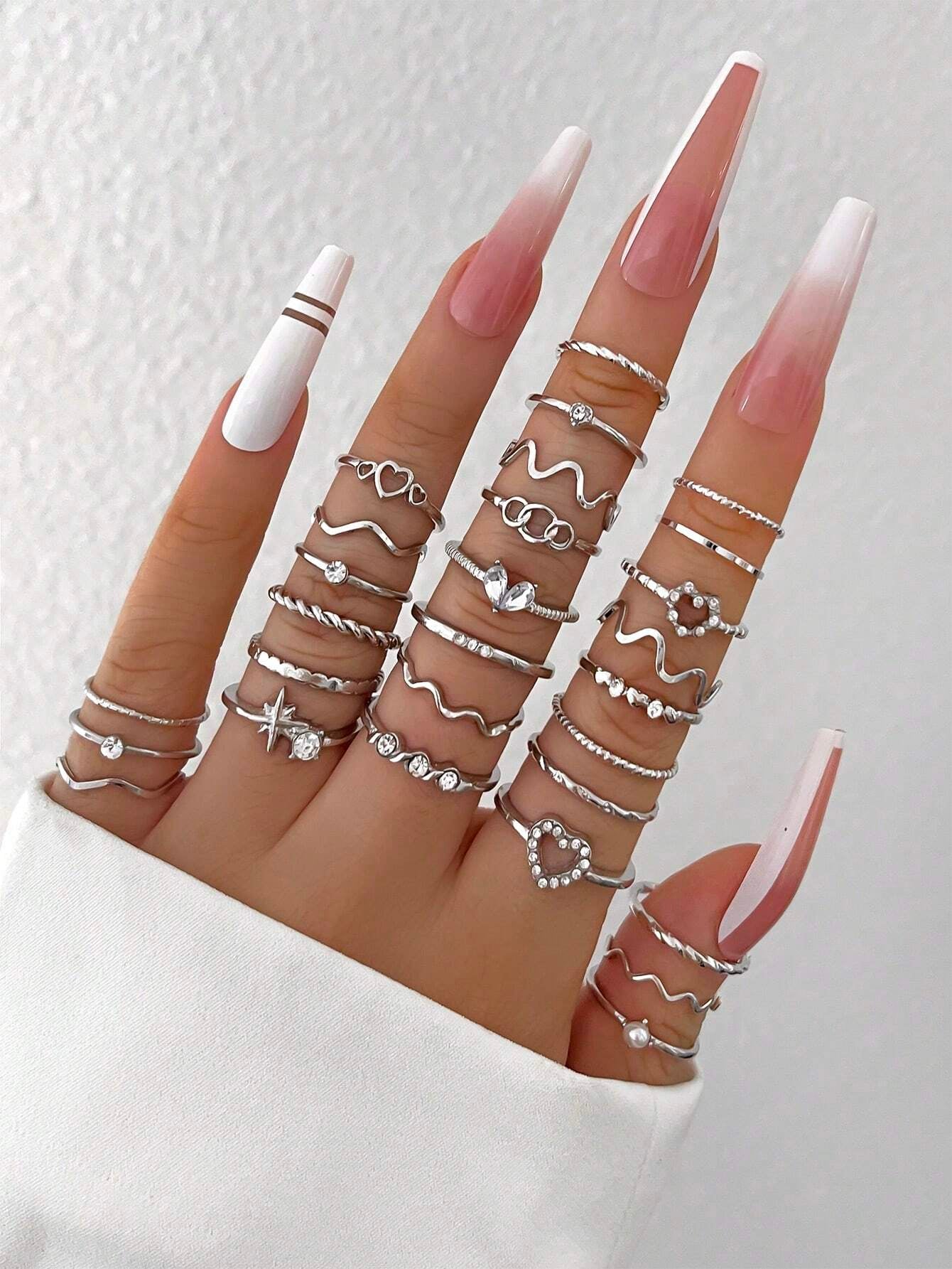 21Pcs Luxury Rhinestone & Faux Pearl Heart, Butterfly Design Ring Set, Suitable for Daily Wear Valentines