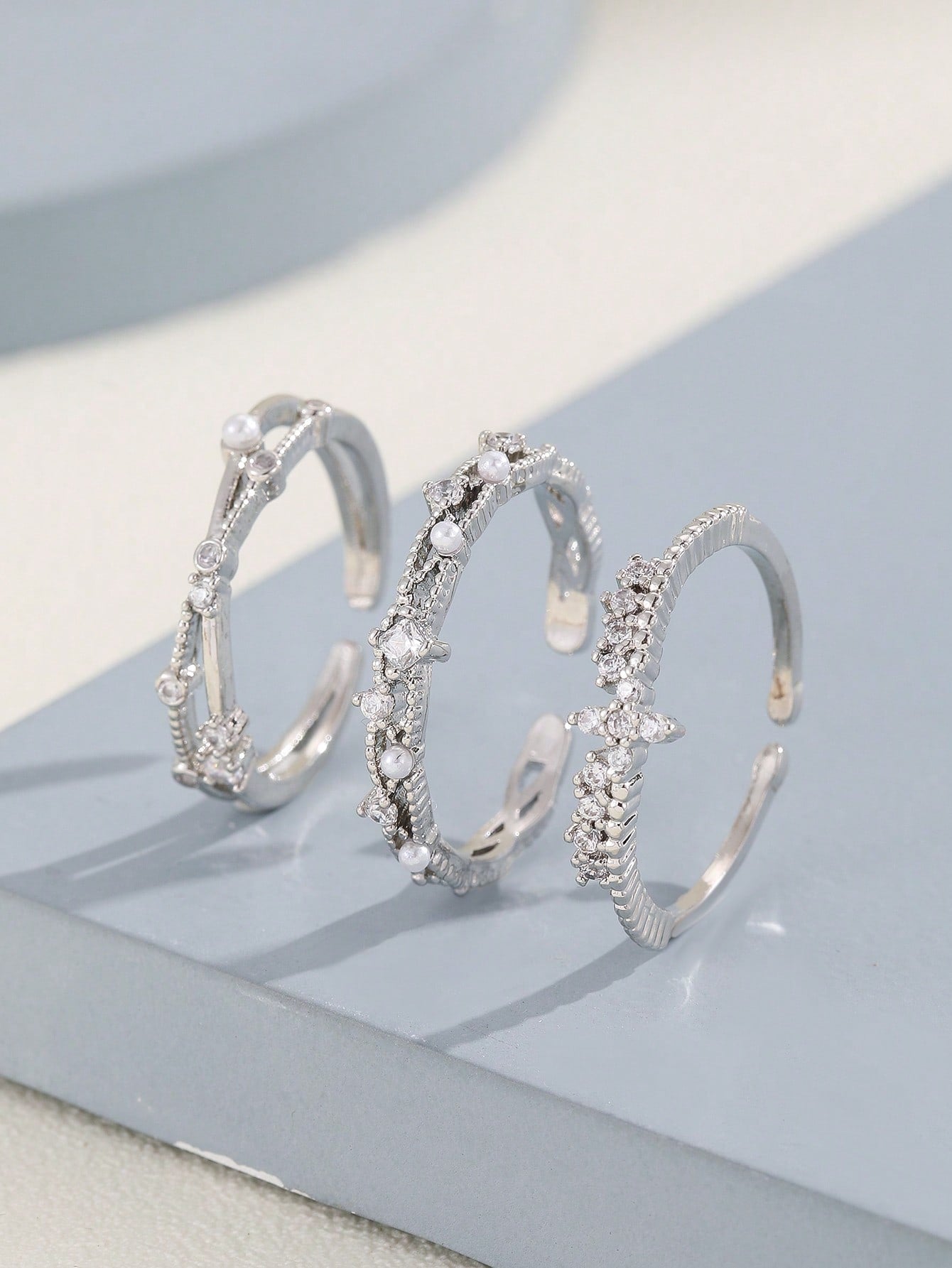 3Pcs Faux Pearl & Rhinestone Decor Cuff Ring