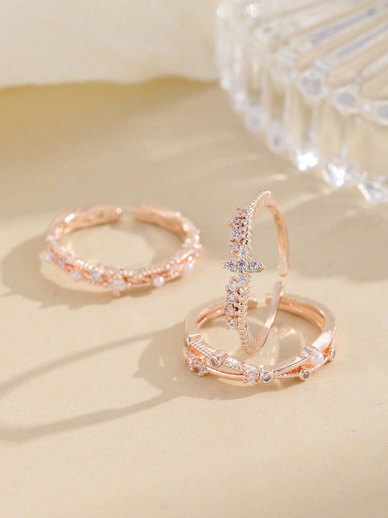 3Pcs Faux Pearl & Rhinestone Decor Cuff Ring