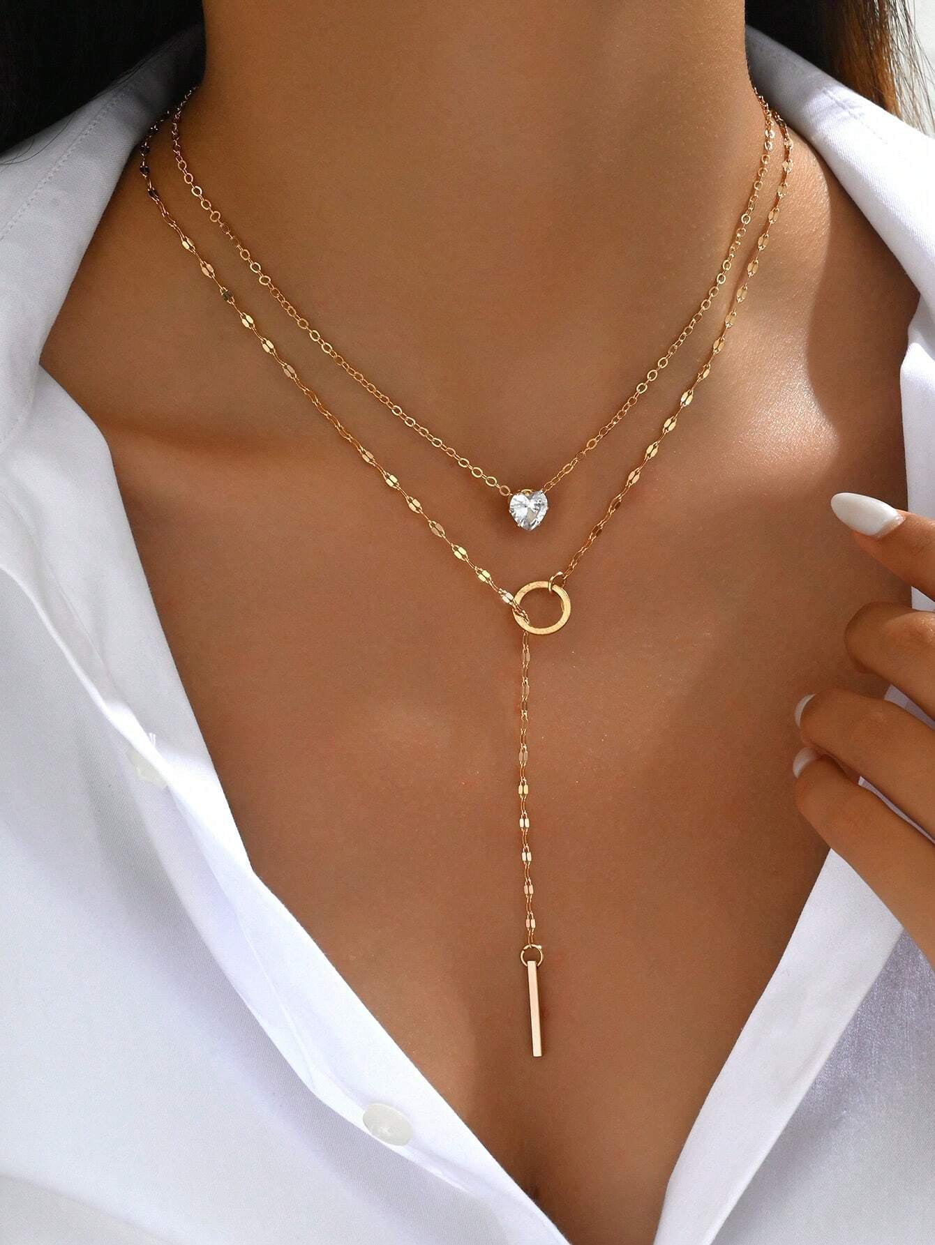 1Pc Gold Y-Shaped Design Layered Necklace, Details Decorated with Rhinestones & Faux Pearl, Suitable for Daily Wear by Women, Friendship Gifts, Banquet Parties(Handmade Chain Cut to Size, Variable Number of Pearls, Variable Size of Rhinestones)