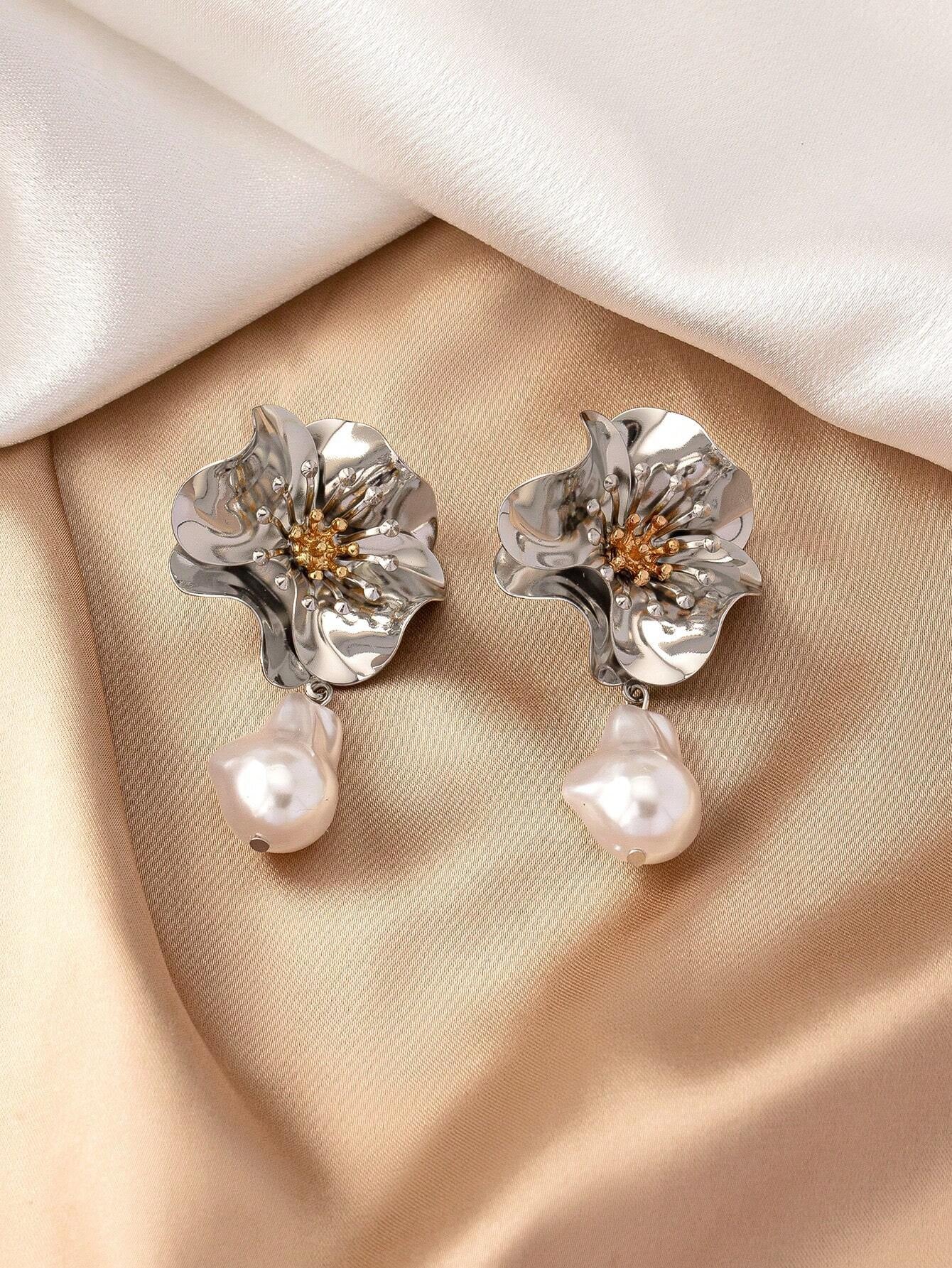 1Pair Geometric Flower & Faux Pearl Pendant European and American Fashionable Elegant Stud Earrings Valentines