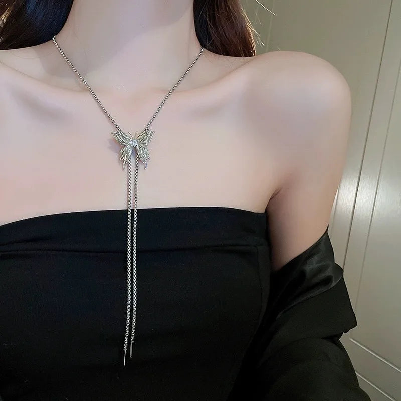 Fashion Adjustable Tassel Pearl Chain Necklace for Women 2025 Trend Rhinestone Butterfly Necklace Wedding Jewelry Birthday Gifts