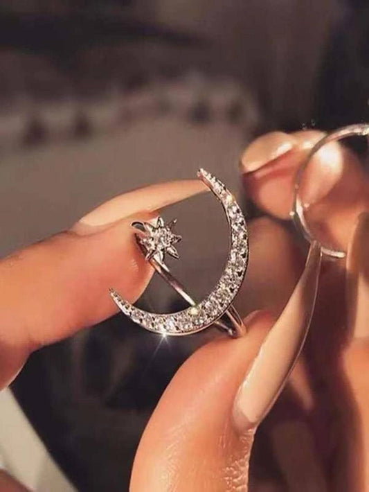 1Pc Retro Star & Moon Open Ring, Versatile Casual & Formal Wear Jewelry for Women