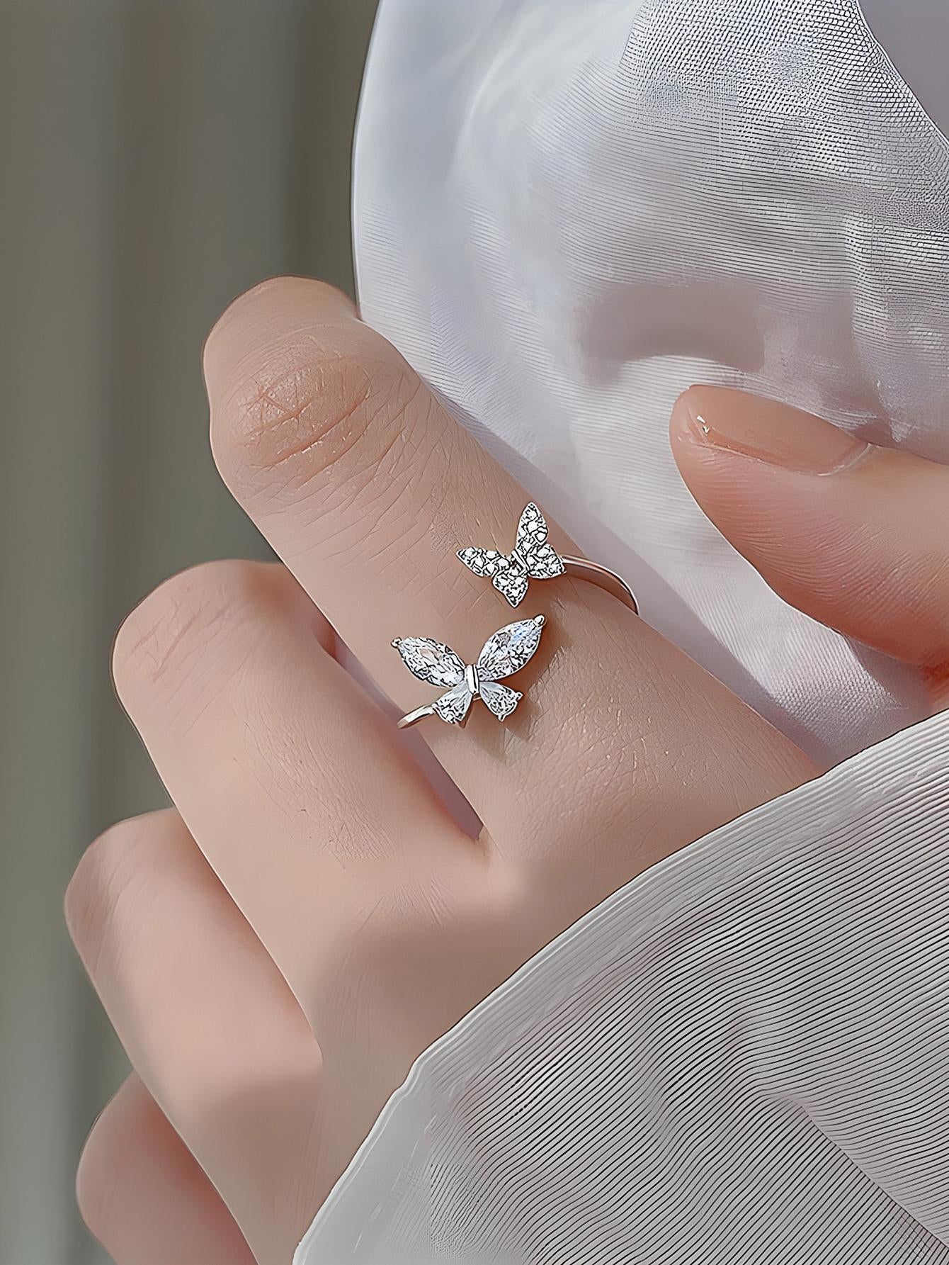 ELSEDES 1Pc Glamorous Cubic Zirconia Butterfly Decor Silver Cuff Ring for Women for Daily Decoration Wedding Engagement Bridal Jewelry