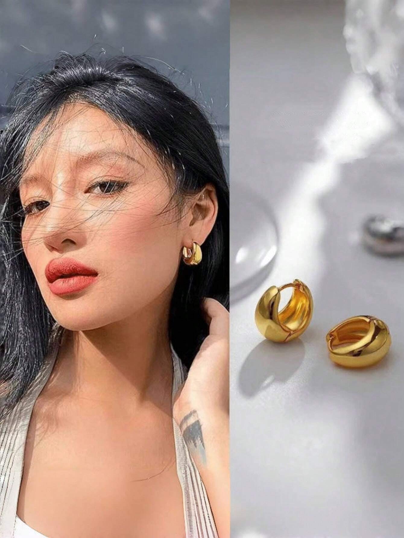 1Pair Simple Teardrop Hoop Earrings, Chunky Gold Tone Water Droplet Earrings, U-Shaped Earrings, Oval Hoop Earrings, Stylish and Elegant Lightweight Dainty Women Jewelry, Perfect Gift for Her