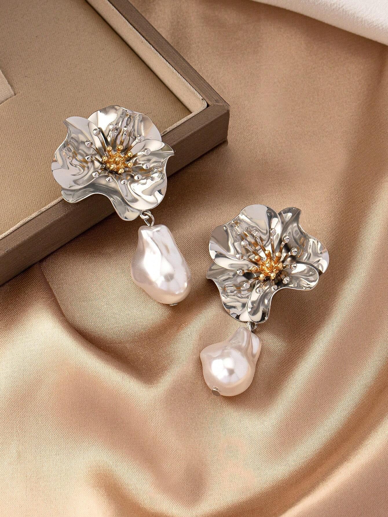 1Pair Geometric Flower & Faux Pearl Pendant European and American Fashionable Elegant Stud Earrings Valentines