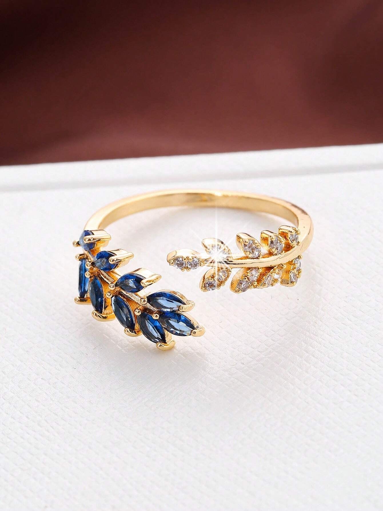Cubic Zirconia Leaf Decor Cuff Ring