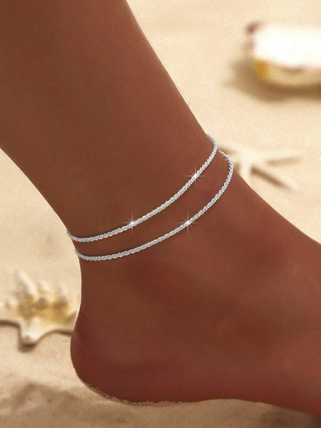 1Pc Simple Charm Bulingbuling Chain Silver Anklet Women'S Travel Holiday Jewelry Suitable for Couples to Wear