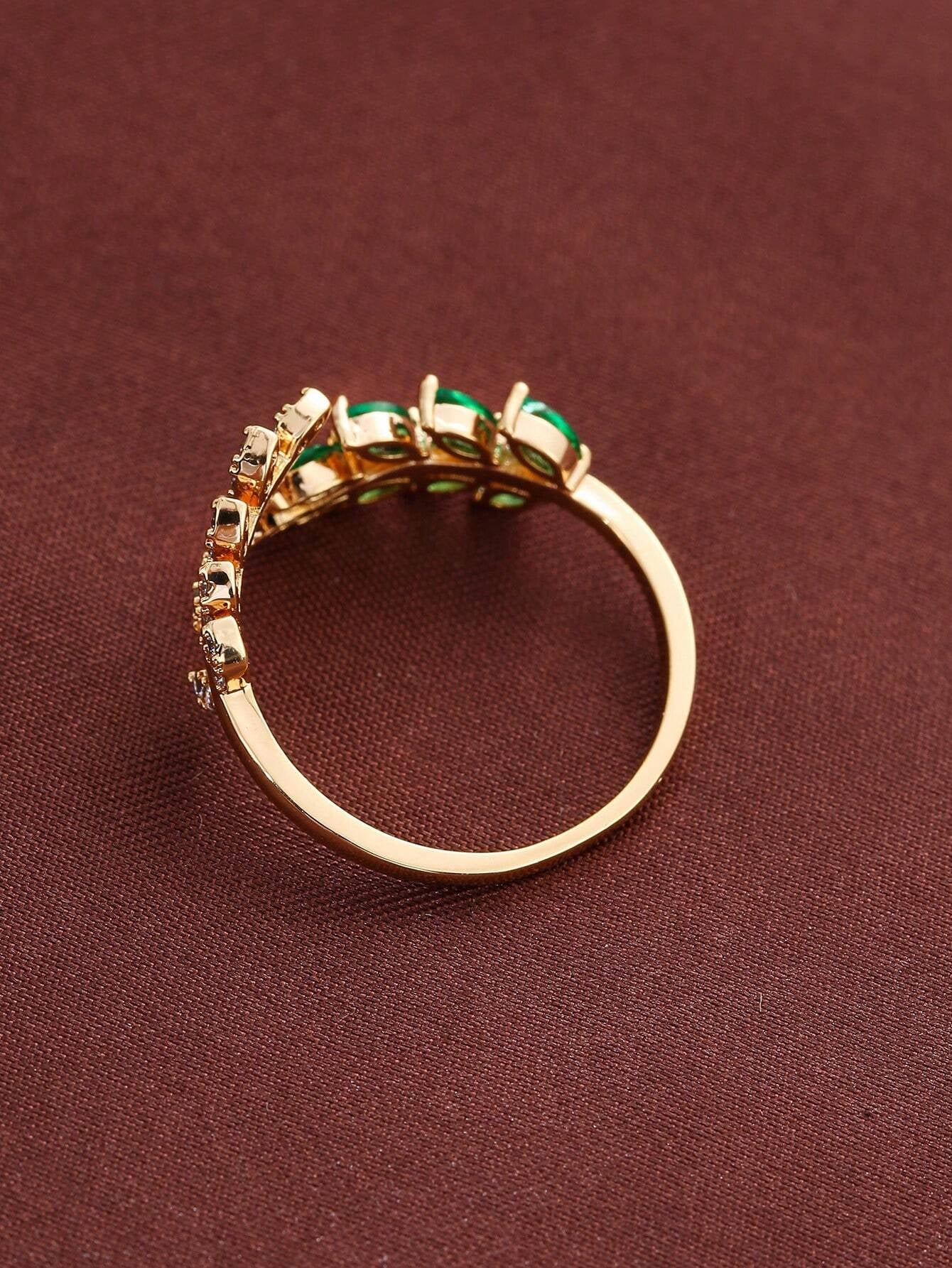 Cubic Zirconia Leaf Decor Cuff Ring