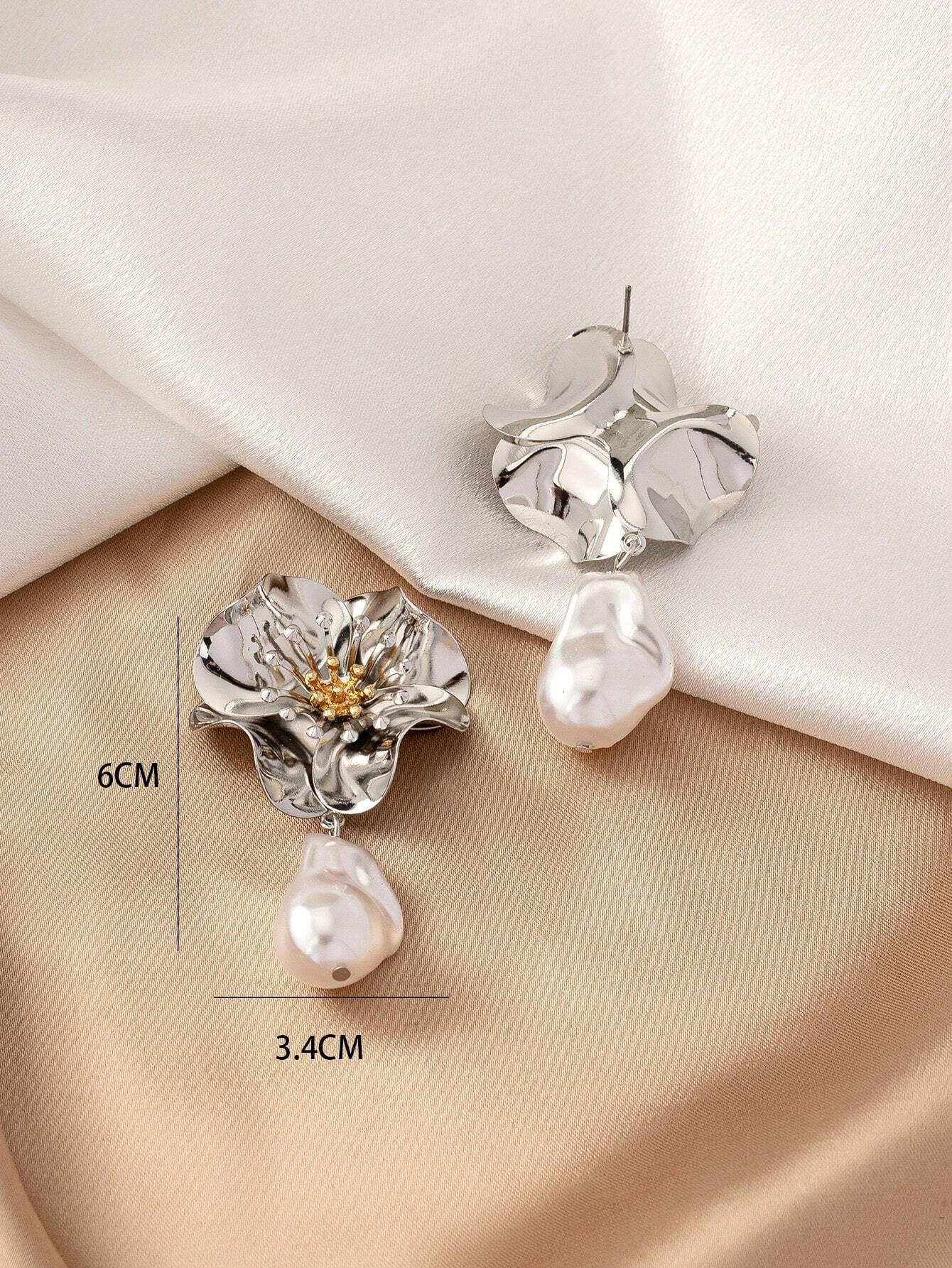 1Pair Geometric Flower & Faux Pearl Pendant European and American Fashionable Elegant Stud Earrings Valentines