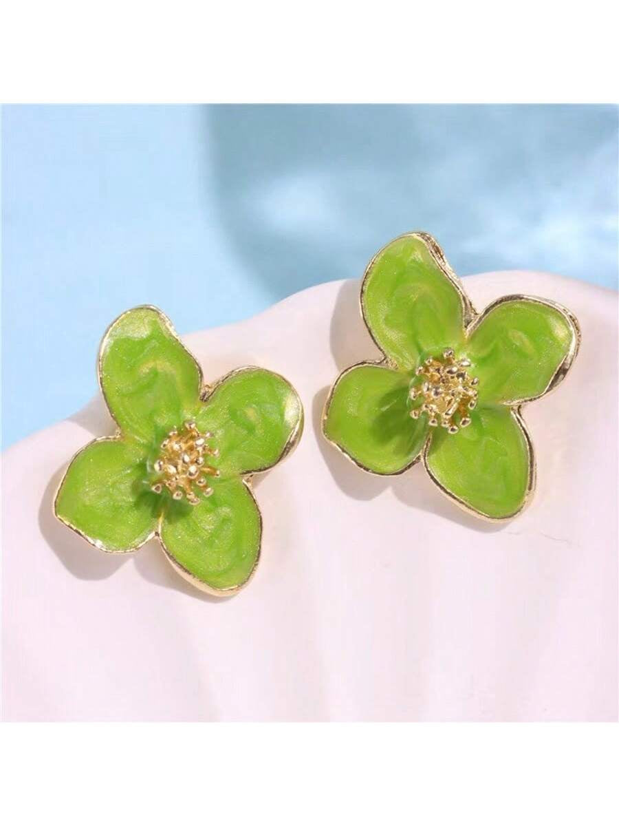 1 Pair Fashionable Hibiscus Flower Glazed Vintage/Retro Flower Stud Earrings, Versatile Jewelry Accessories Valentines