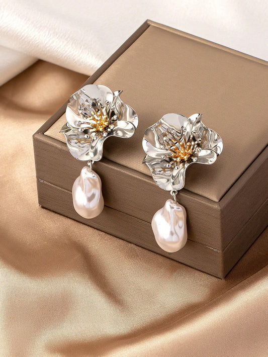 1Pair Geometric Flower & Faux Pearl Pendant European and American Fashionable Elegant Stud Earrings Valentines