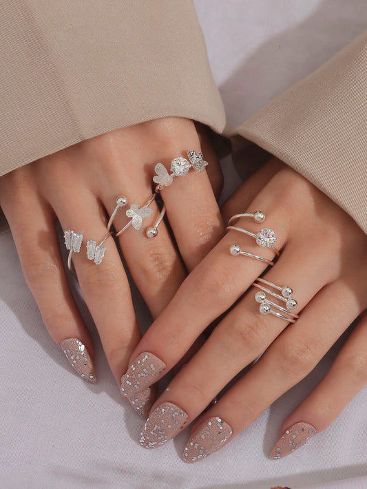 5Pcs/Set Fashionable Zinc Alloy Cubic Zirconia & Butterfly Decor Cuff Ring for Women for Party Decoration