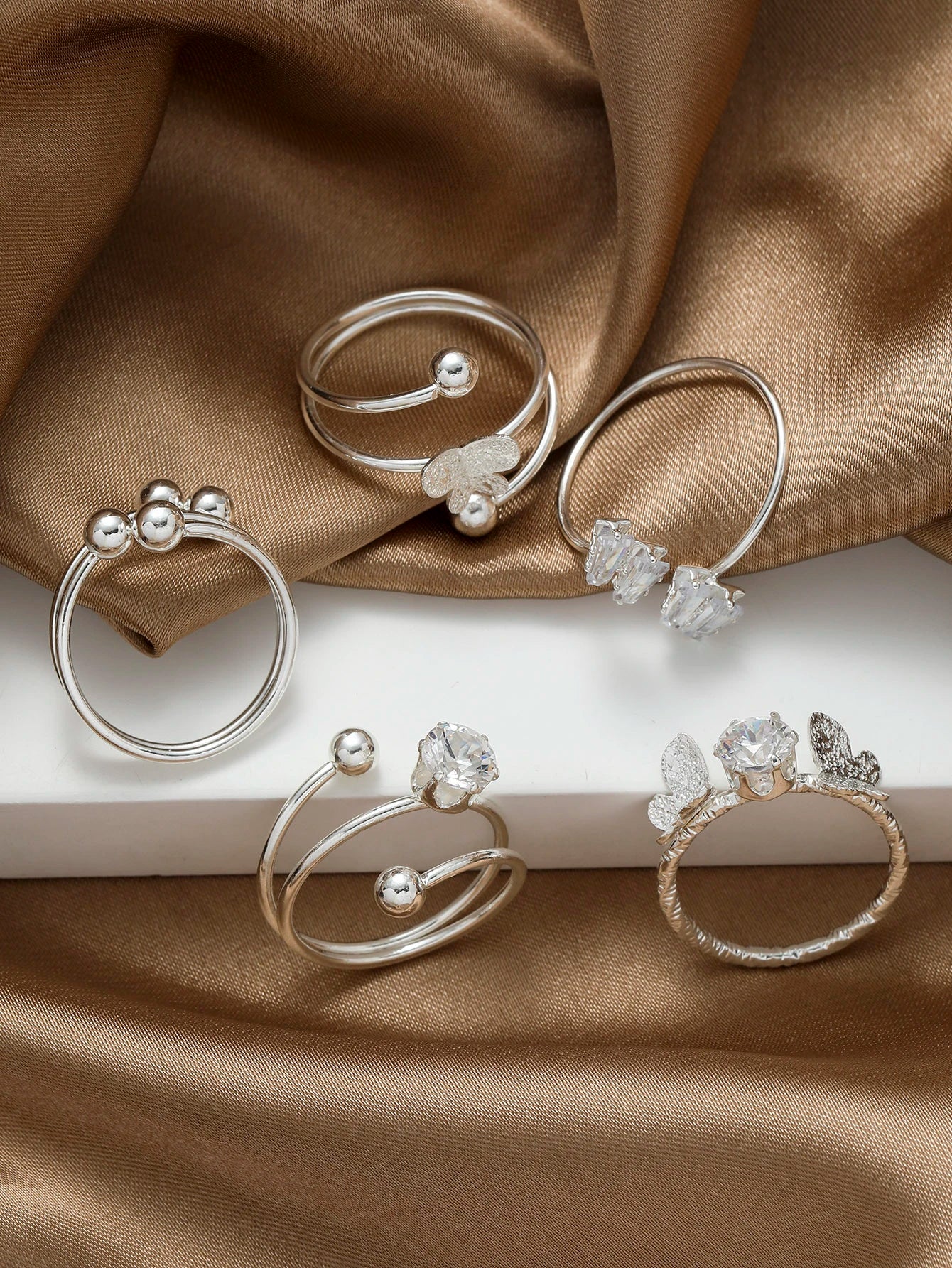 5Pcs/Set Fashionable Zinc Alloy Cubic Zirconia & Butterfly Decor Cuff Ring for Women for Party Decoration