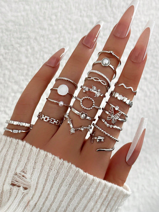 21Pcs Luxury Rhinestone & Faux Pearl Heart, Butterfly Design Ring Set, Suitable for Daily Wear Valentines