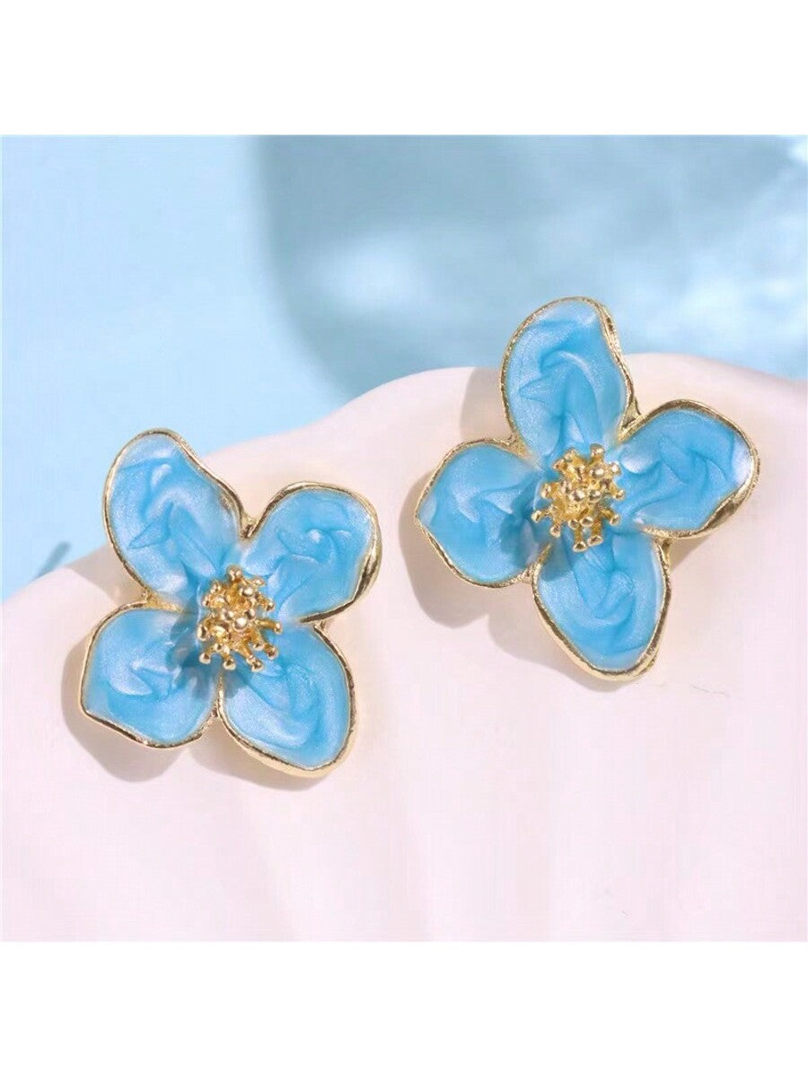 1 Pair Fashionable Hibiscus Flower Glazed Vintage/Retro Flower Stud Earrings, Versatile Jewelry Accessories Valentines