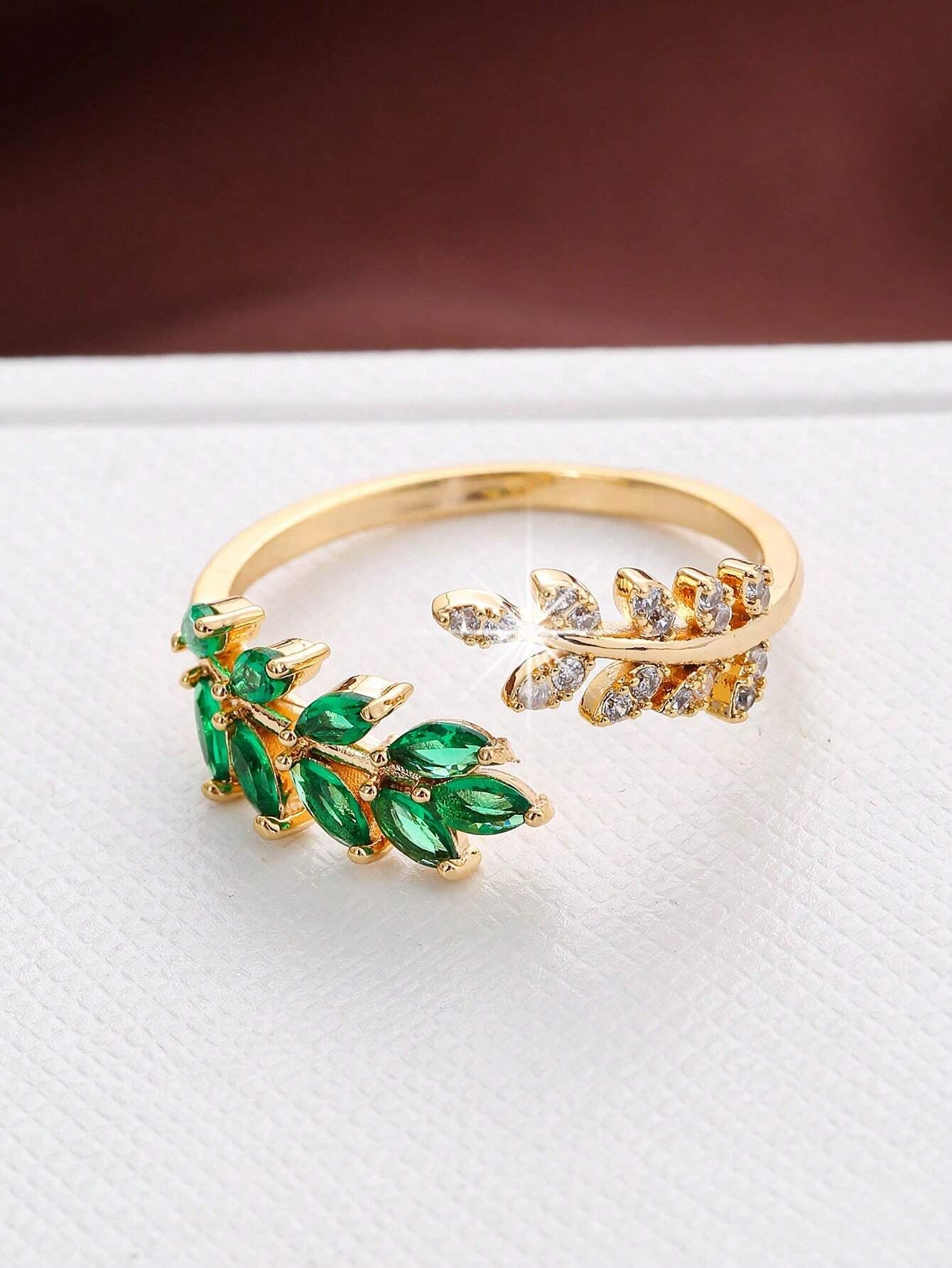 Cubic Zirconia Leaf Decor Cuff Ring