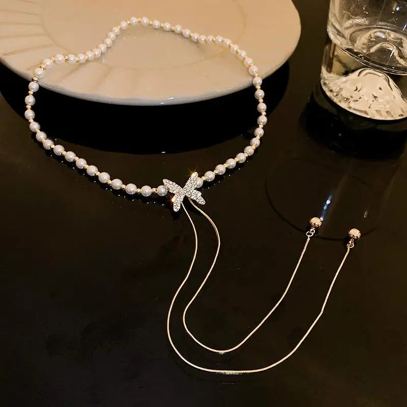 Fashion Adjustable Tassel Pearl Chain Necklace for Women 2025 Trend Rhinestone Butterfly Necklace Wedding Jewelry Birthday Gifts