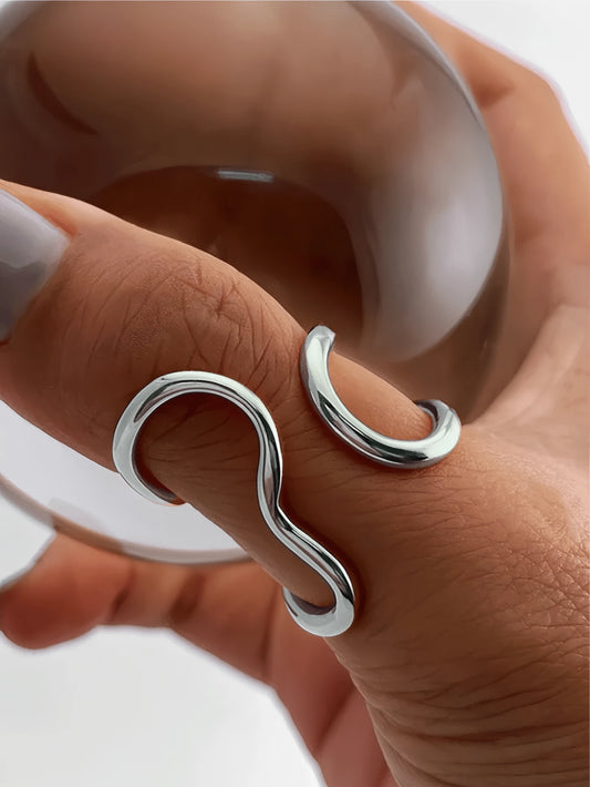 1Pc Fashionable Asymmetrical Wavy Curve Stainless Steel Adjustable Open Ring for Women, Daily/Party Wear