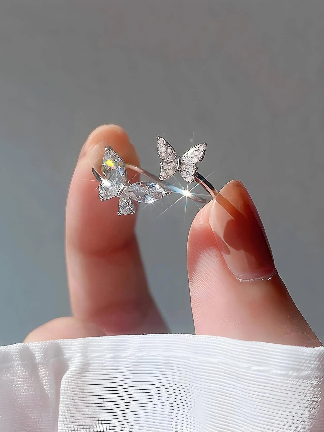 ELSEDES 1Pc Glamorous Cubic Zirconia Butterfly Decor Silver Cuff Ring for Women for Daily Decoration Wedding Engagement Bridal Jewelry