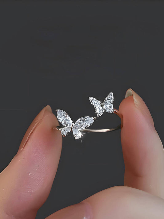 ELSEDES 1Pc Glamorous Cubic Zirconia Butterfly Decor Silver Cuff Ring for Women for Daily Decoration Wedding Engagement Bridal Jewelry